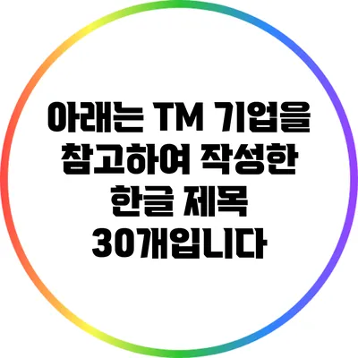 아래는 TM 기업을 참고하여 작성한 한글 제목 30개입니다: